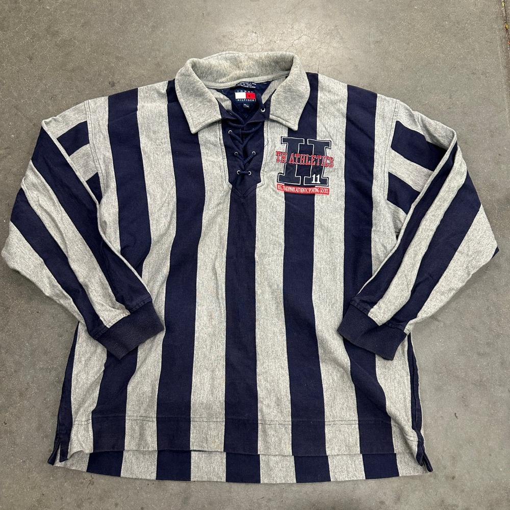 Vintage Tommy Hilfiger Rugby Shirt Mens XXL Navy Grey Striped Lace Up Athletics